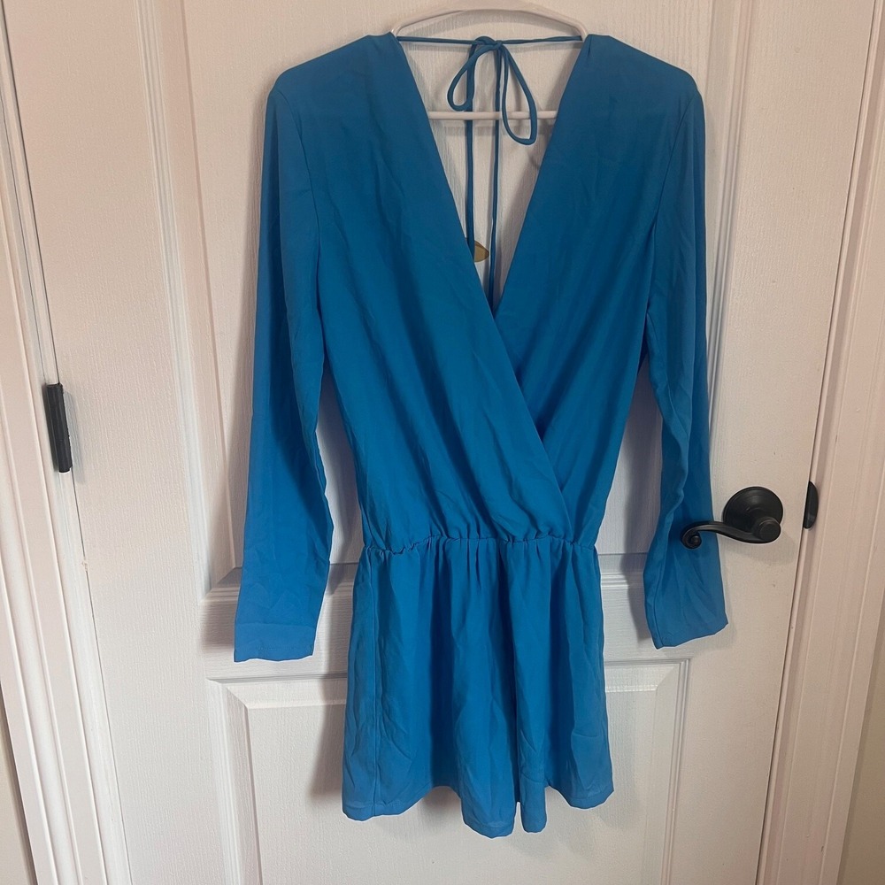 Three Eighty Two Blue Long Sleeve Wrap Romper Ope… - image 3